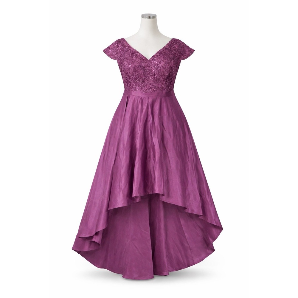 Purple Sequin Hi Low Dress Womens 3XL Floral Satin Fit Flare Formal Gown Wedding